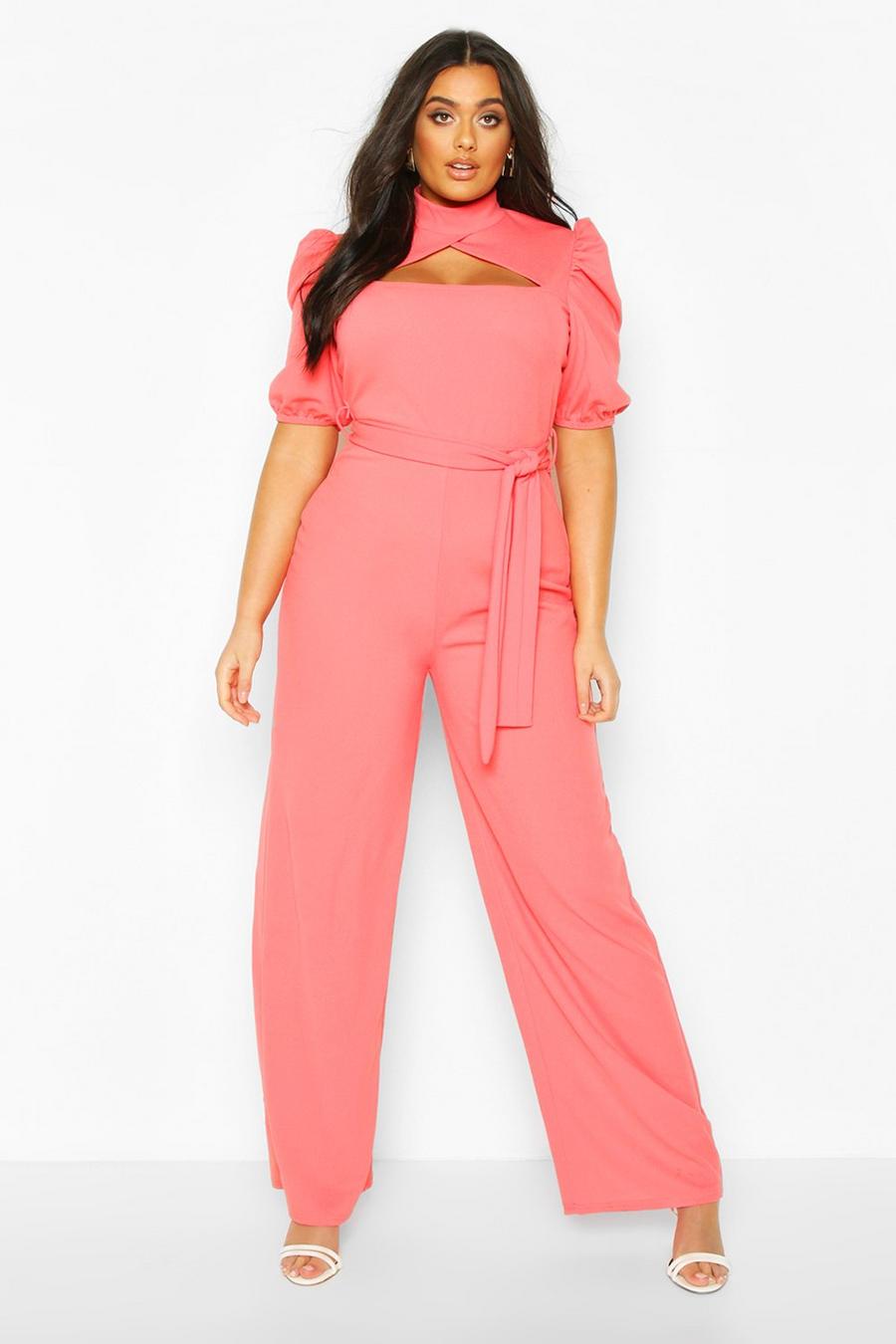 Coral Plus Choker Cut Out Puff Sleeve Jumpsuit image number 1
