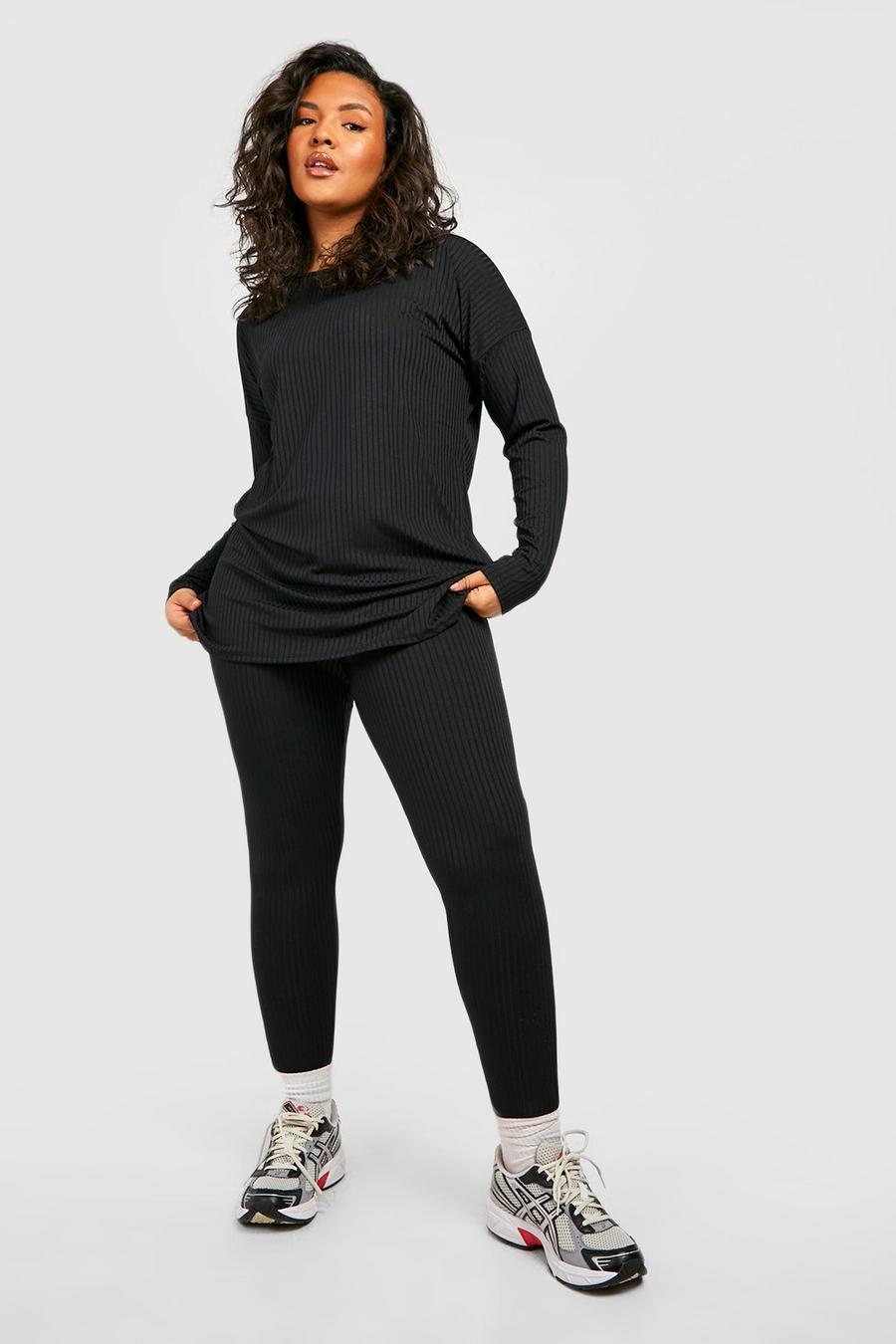 Top Plus Size oversize a coste & legging coordinati, Black