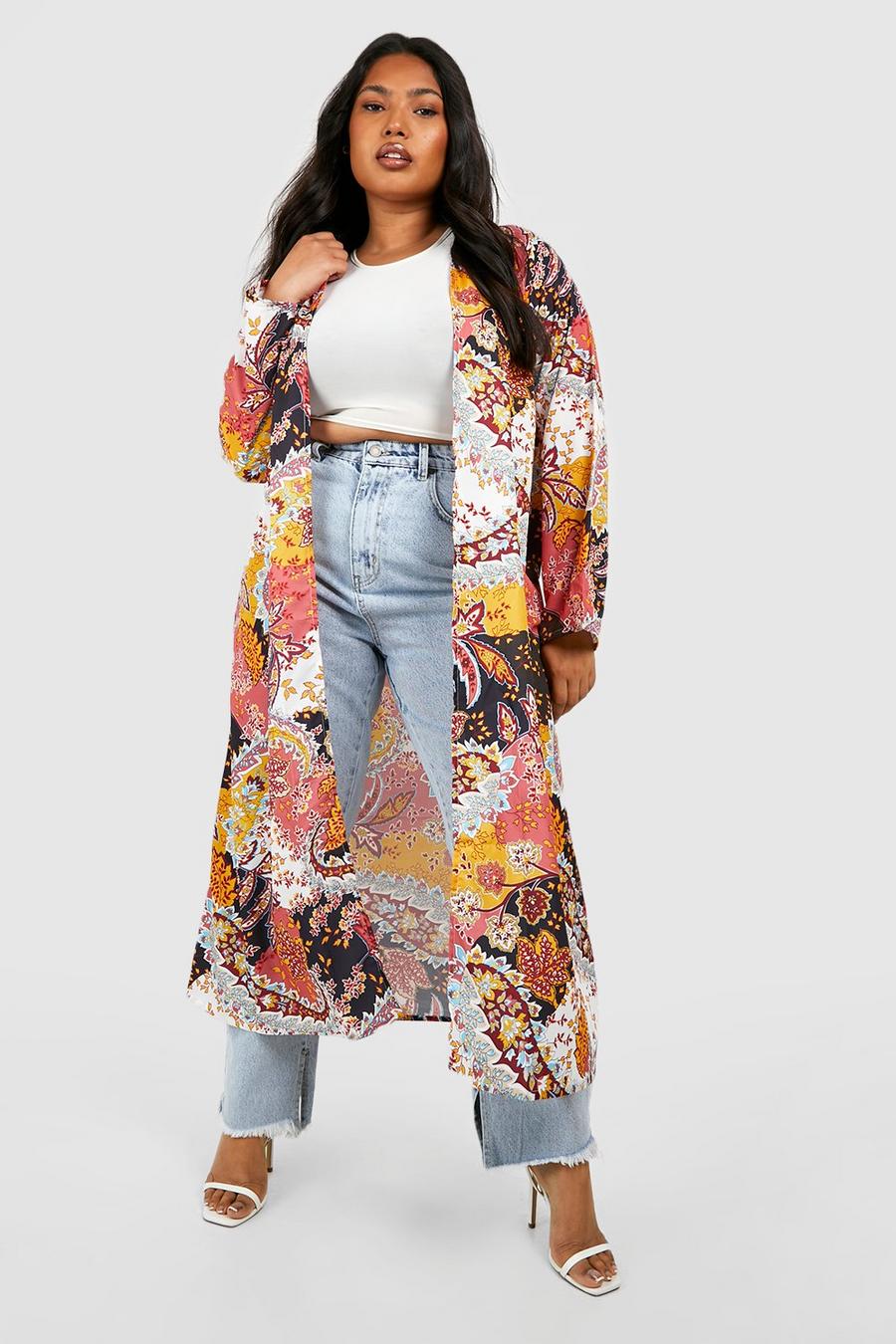 Kimono maxi Plus Size a maniche lunghe in fantasia cachemire, Senape