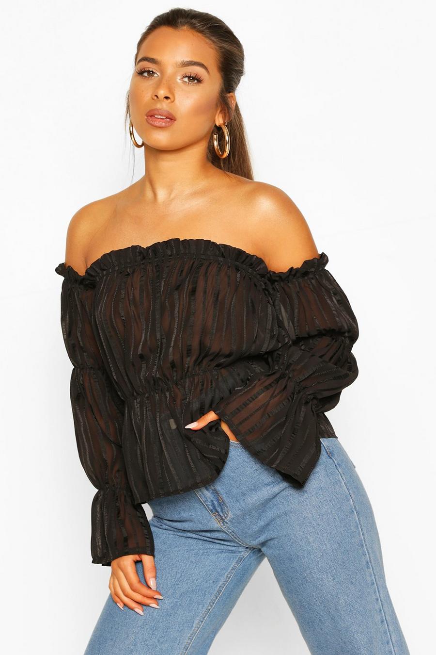 Black Petite Satin Stripe Puff Sleeve Off The Shoulder Top