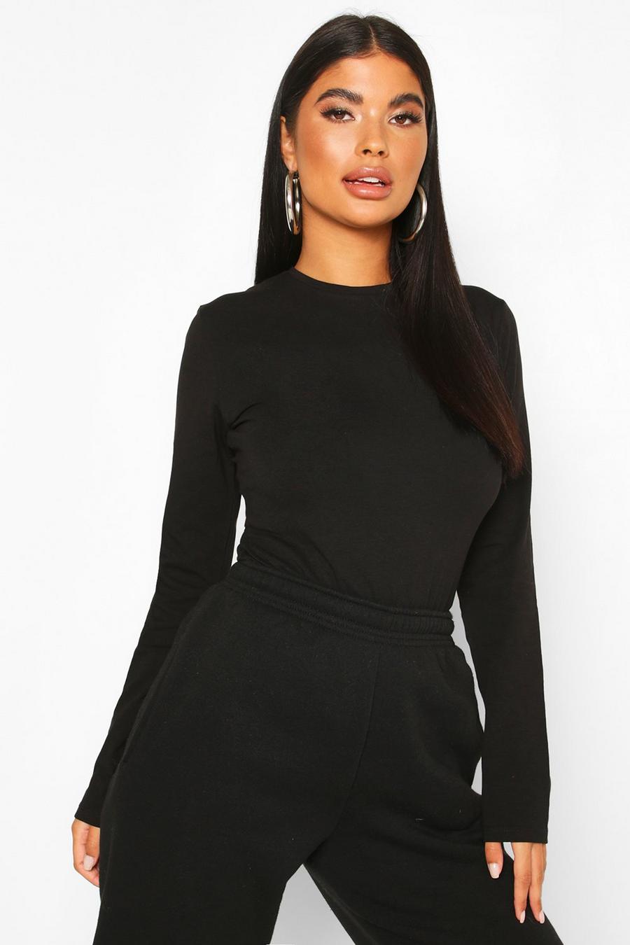 Black Petite Cotton Long Sleeve Bodysuit