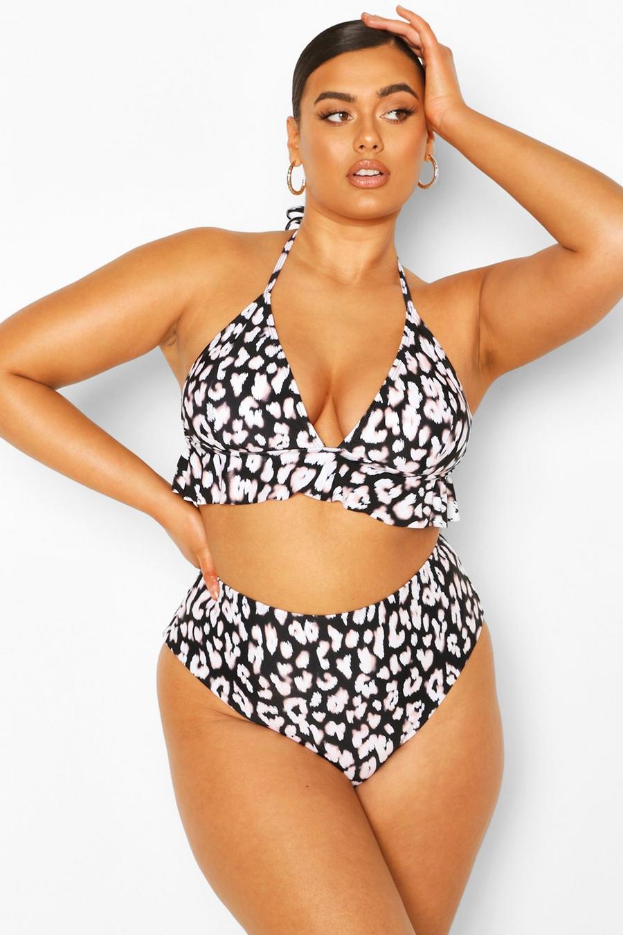 Black Plus - Leopardmönstrad bikini med hög midja och volanger