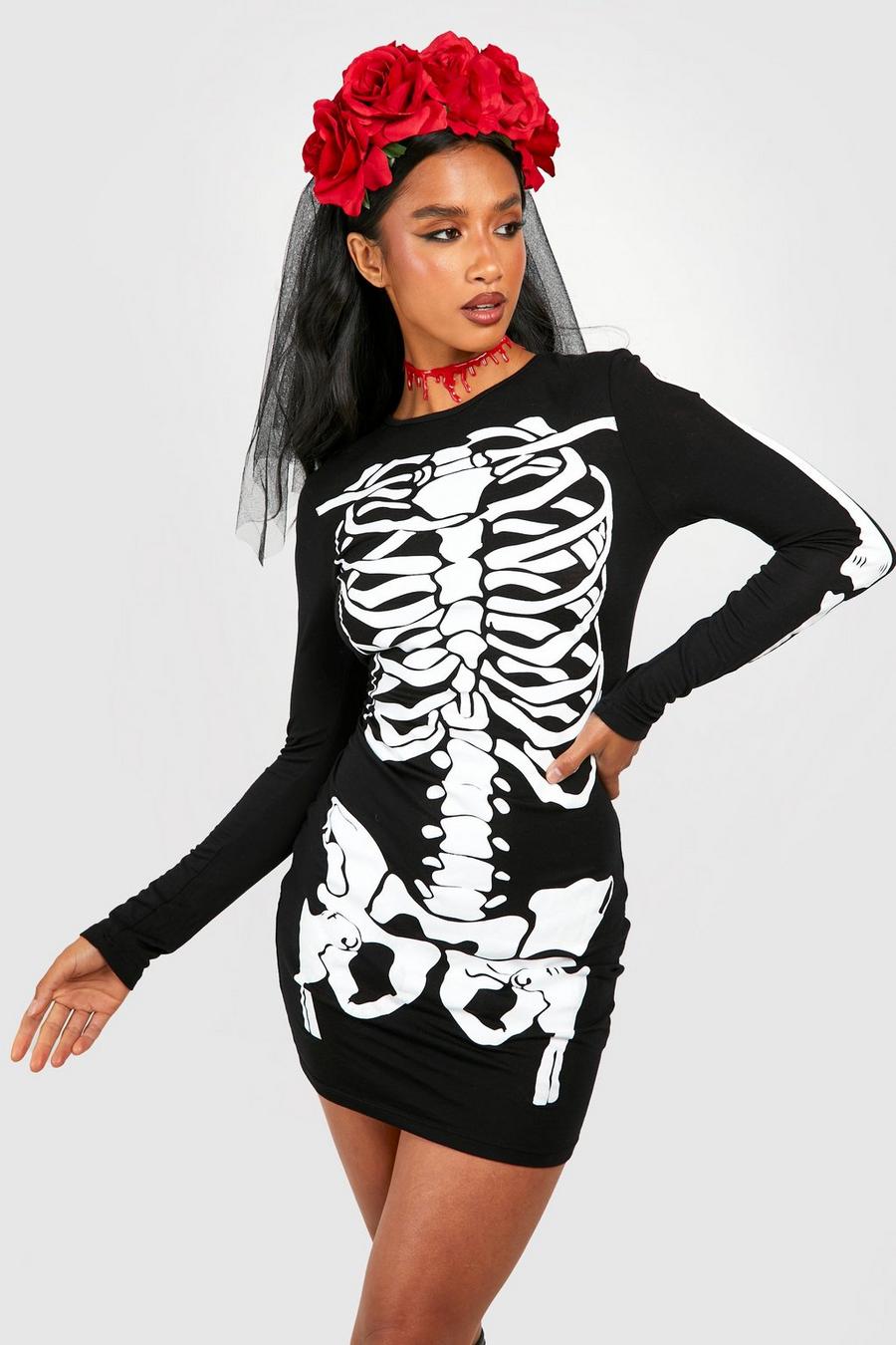 Miniabito Petite a maniche lunghe di Halloween con scheletro, Nero