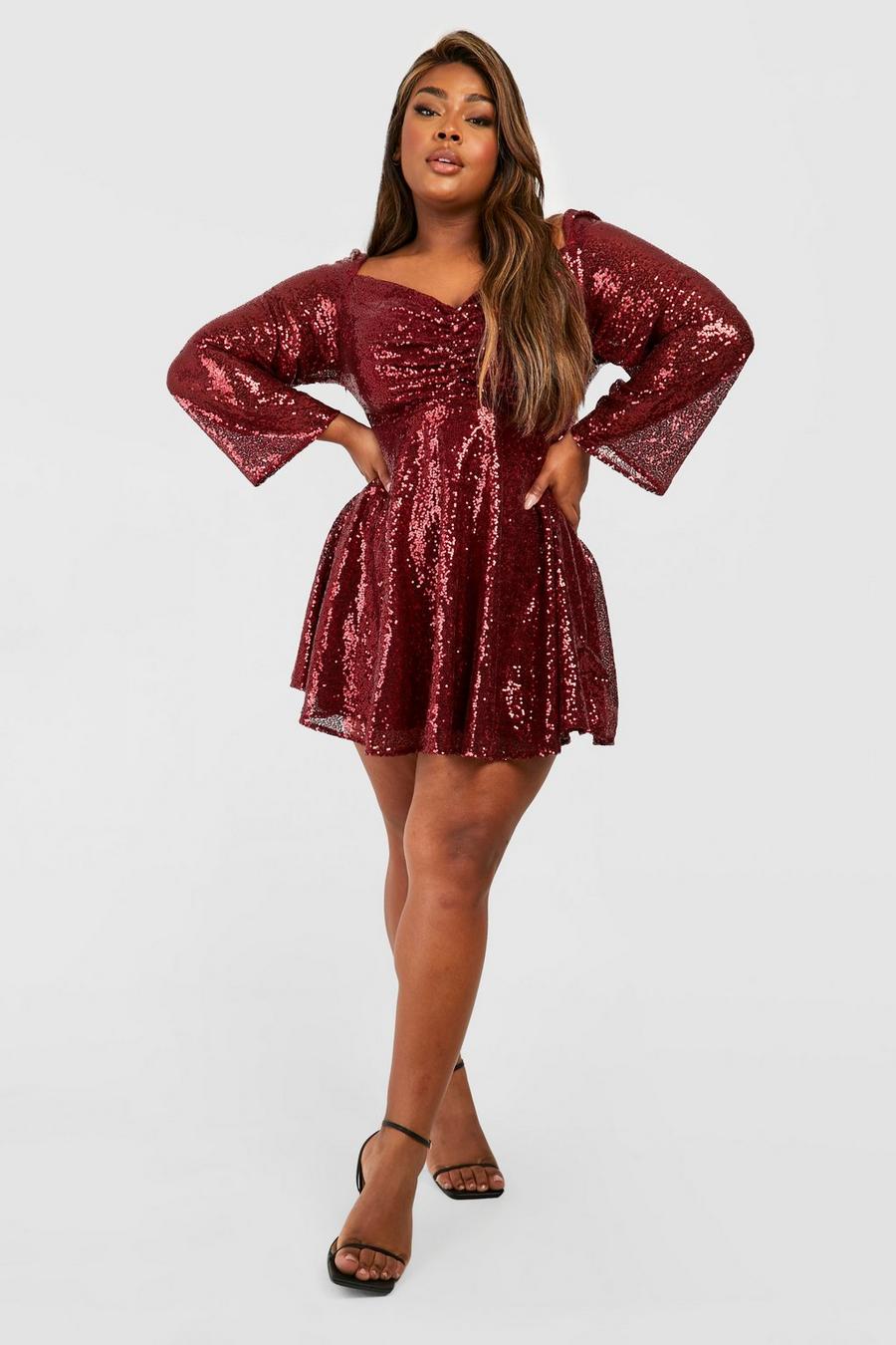 Wine Plus Sequin Puff Sleeve Ruched Detail Skater Dress