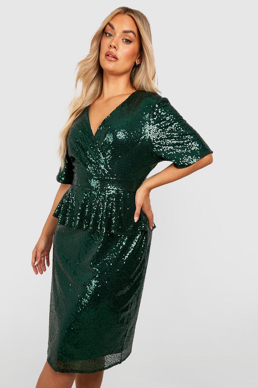 Emerald Plus Sequin Peplum Wrap Midi Dress image number 1