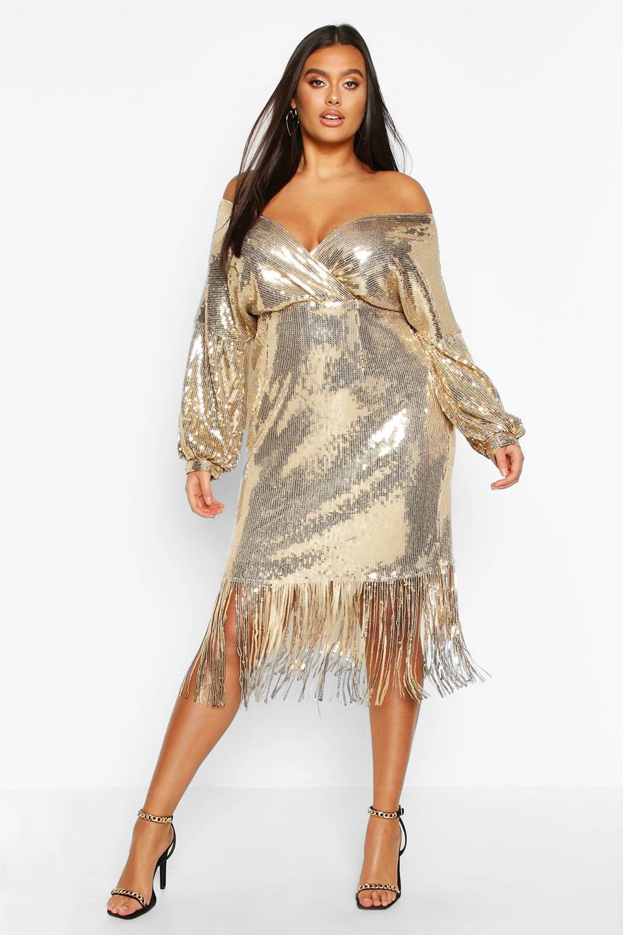 Gold Plus Sequin Off The Shoulder Wrap Midi Dress