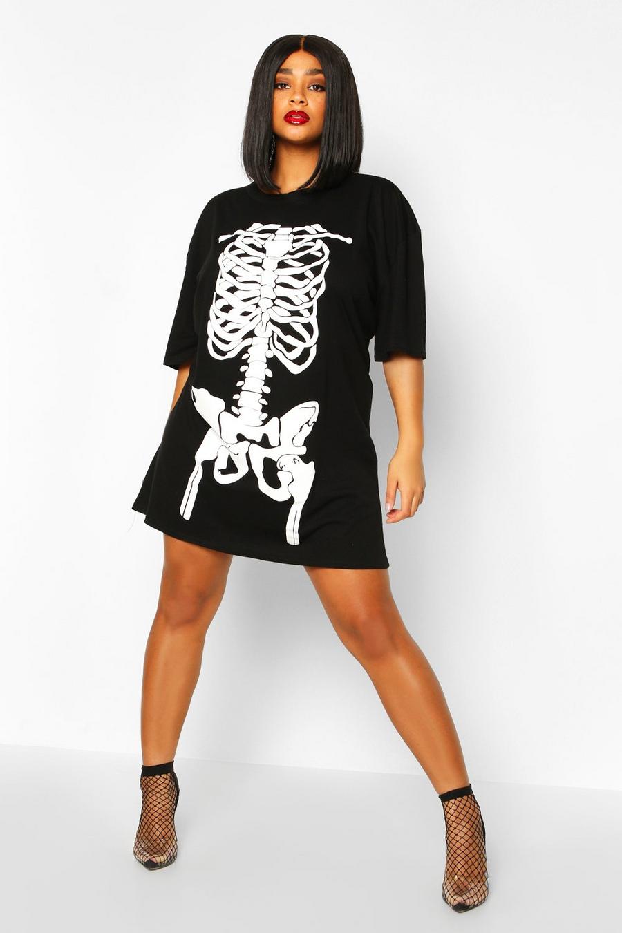 Abito t-shirt Plus con stampa di scheletro per Halloween, Nero