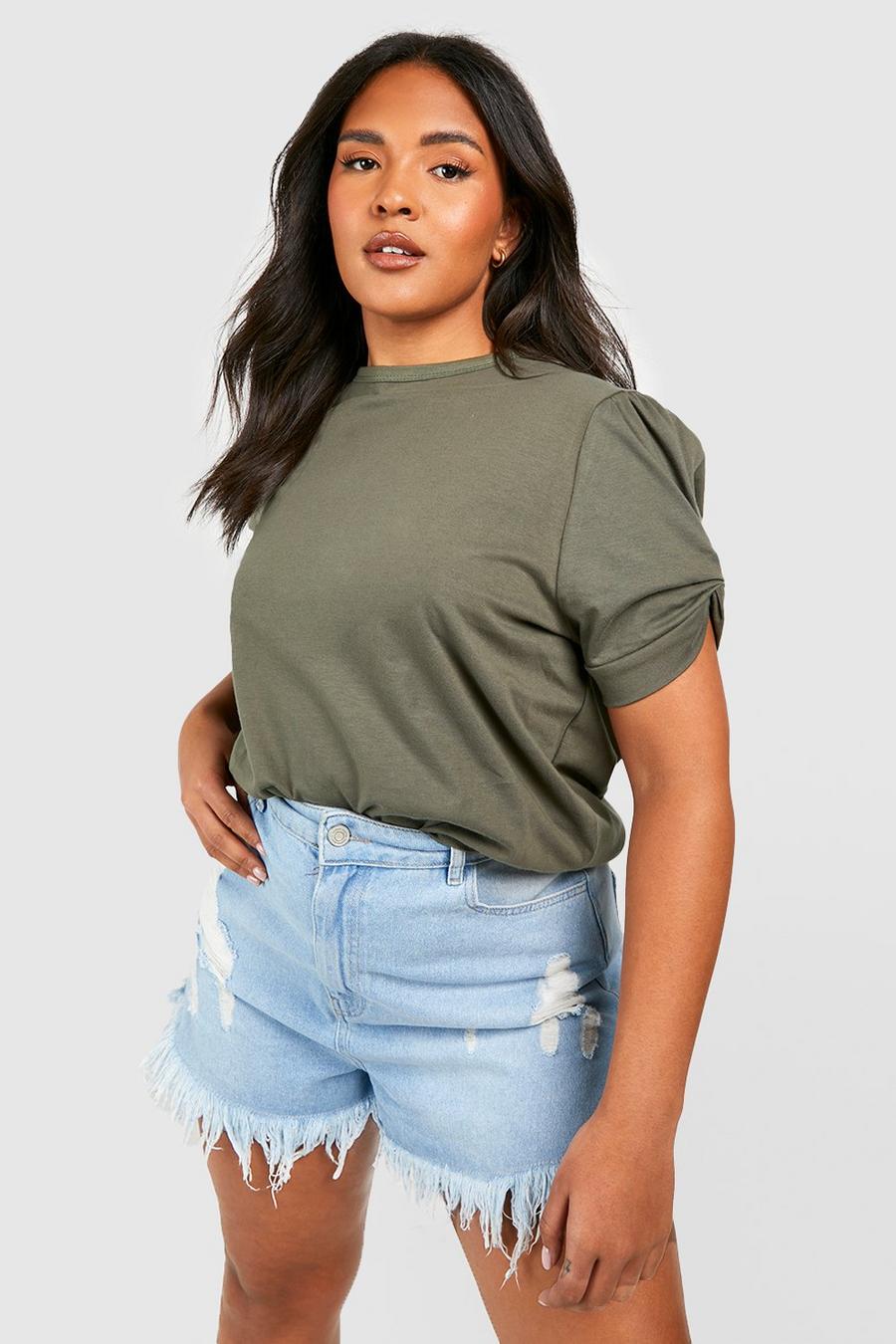 T-shirt Plus Size con ruches, nodo e maniche a sbuffo, Khaki