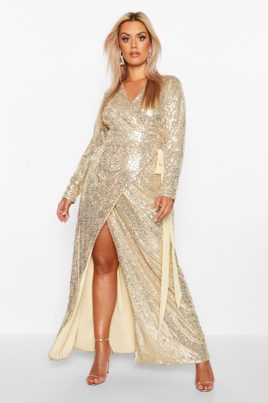 Gold Plus Sequin Wrap Floor Sweeping Maxi Dress