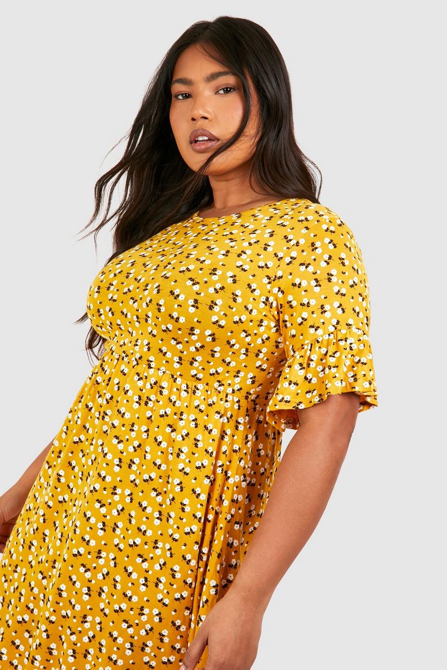 Vestito grembiule Plus Size a fiori piccoli, Mustard