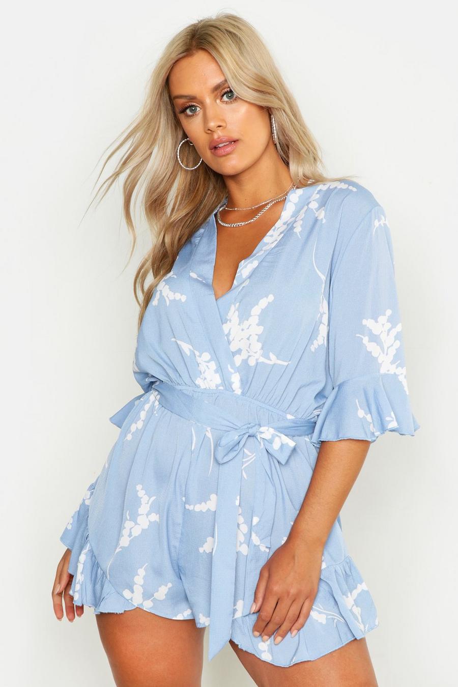 Blue Plus Abstract Floral Print Ruffle Tie Romper