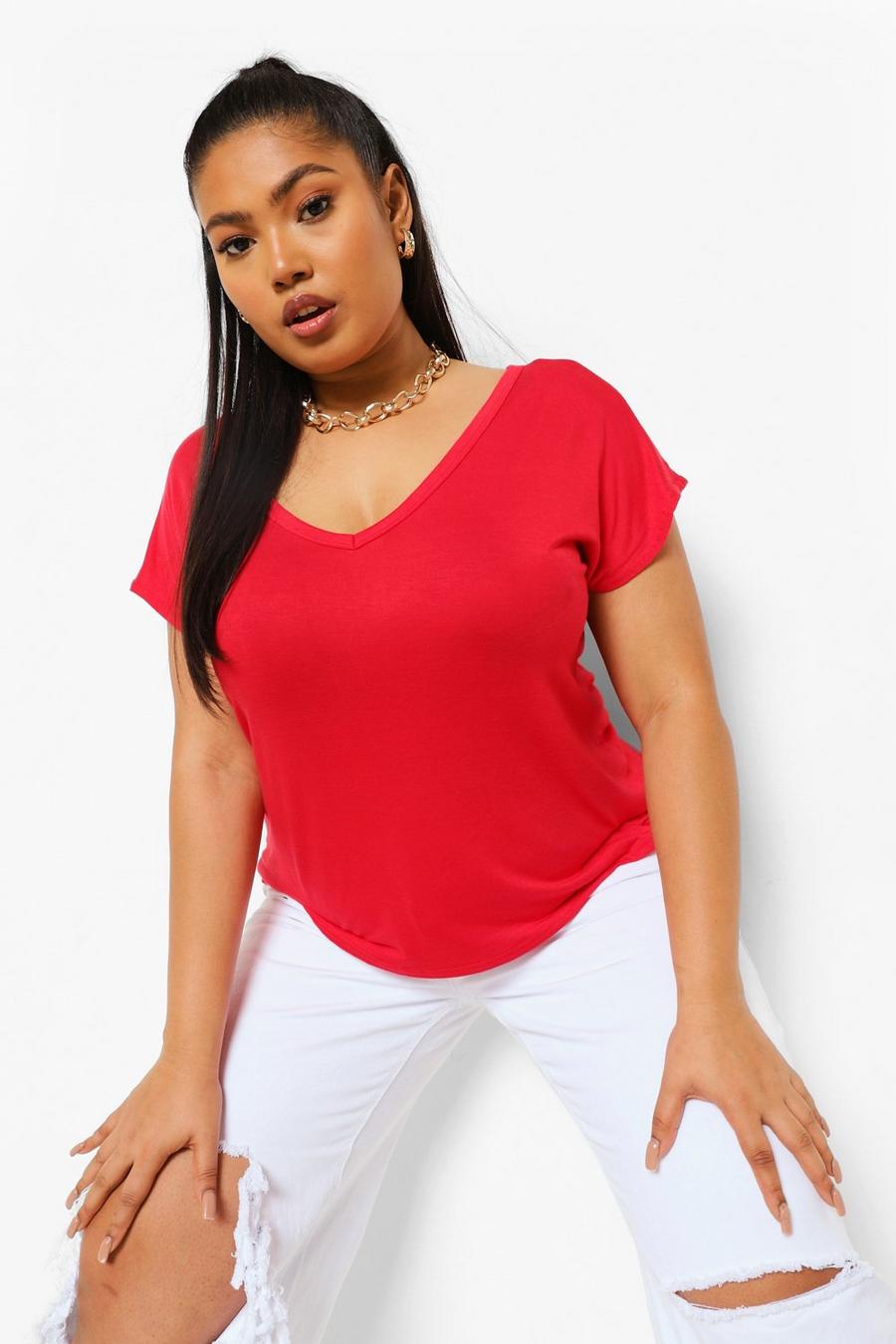 Camiseta Plus básica con abertura redonda y escote de pico, Red
