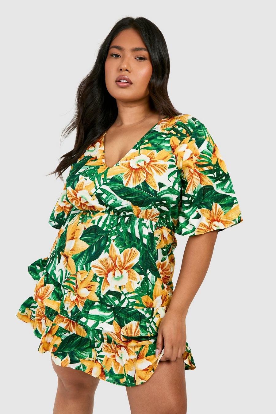 Plus abito longuette floreale tropicale con volant, T-shirt a sezioni verde