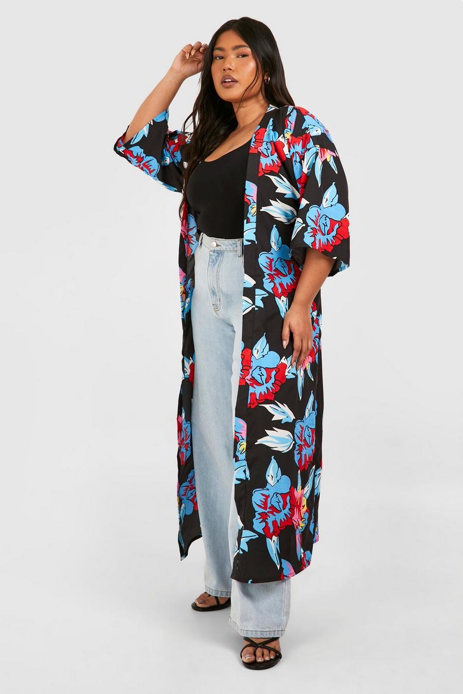 Kimono Plus Size con stampa a fiori e cintura, Nero