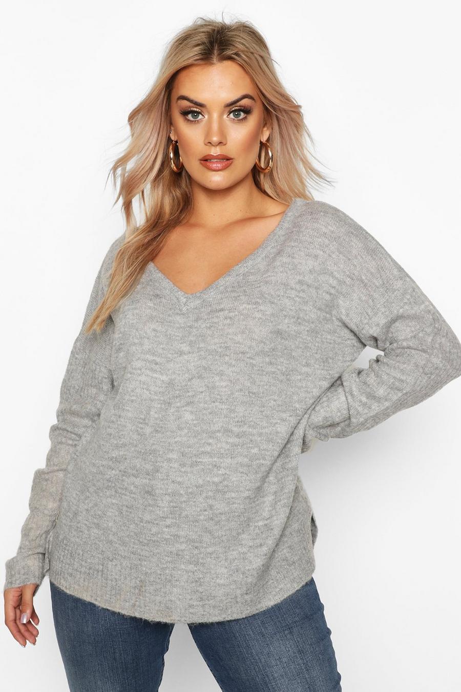 Grey Plus Jumper With V Neck Detail Front And Back
