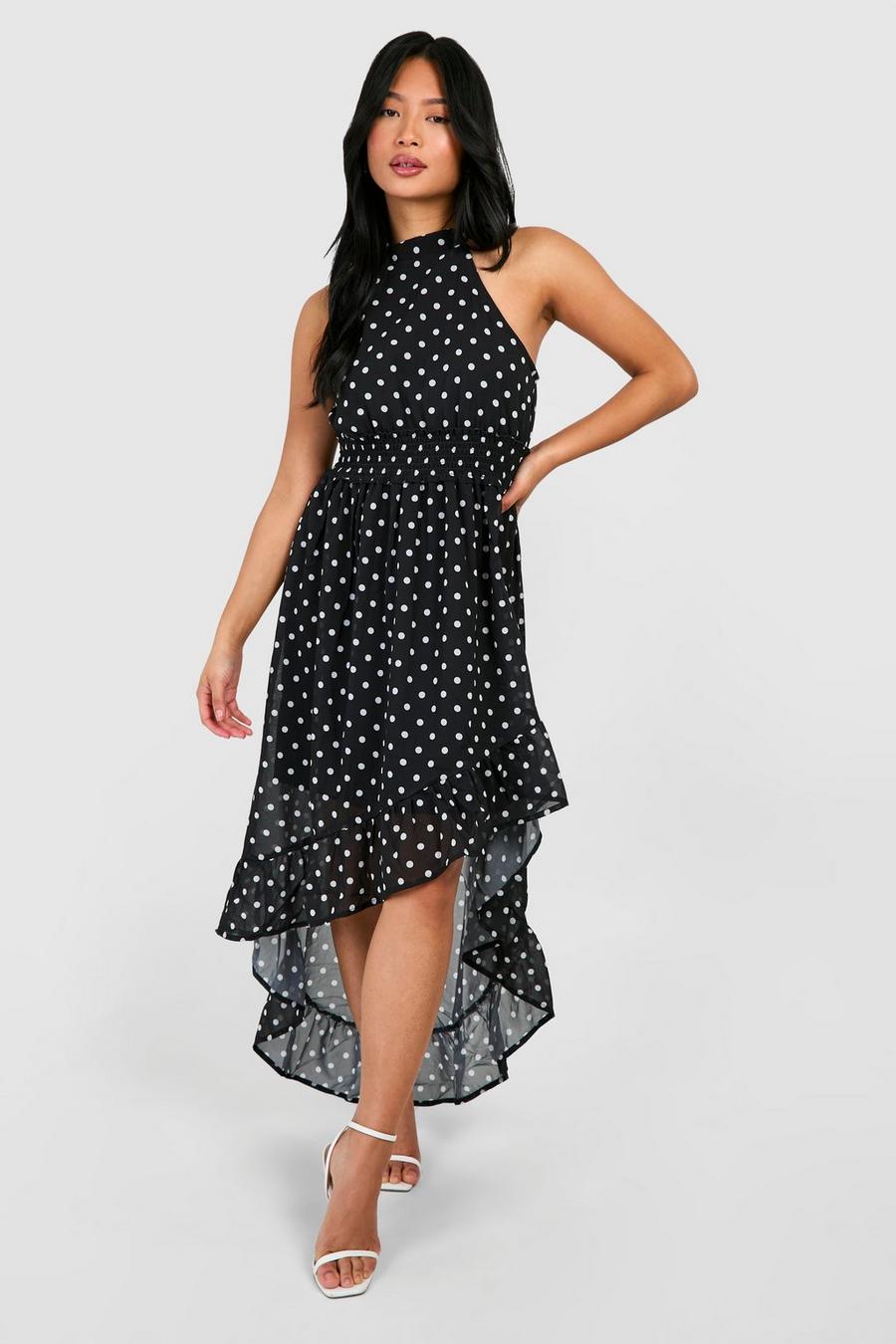 Black Petite Polka Dot High Neck Shirred Waist Maxi Dress