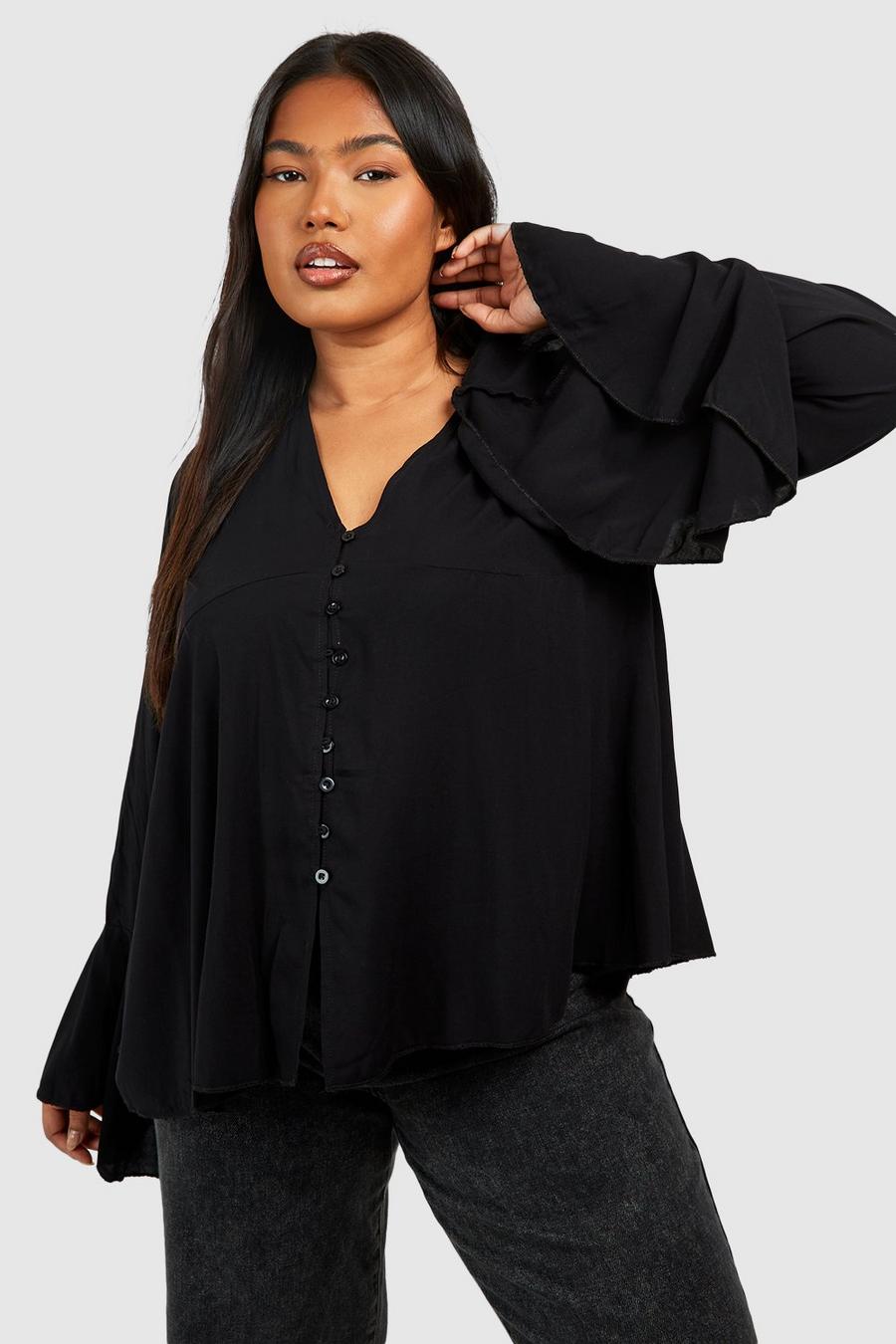 Blusa Plus Size con scollo profondo, bottoni e maniche svasate, Black