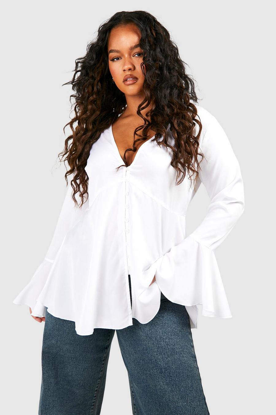 White Plus Button Detail Plunge Flare Sleeve Blouse image number 1