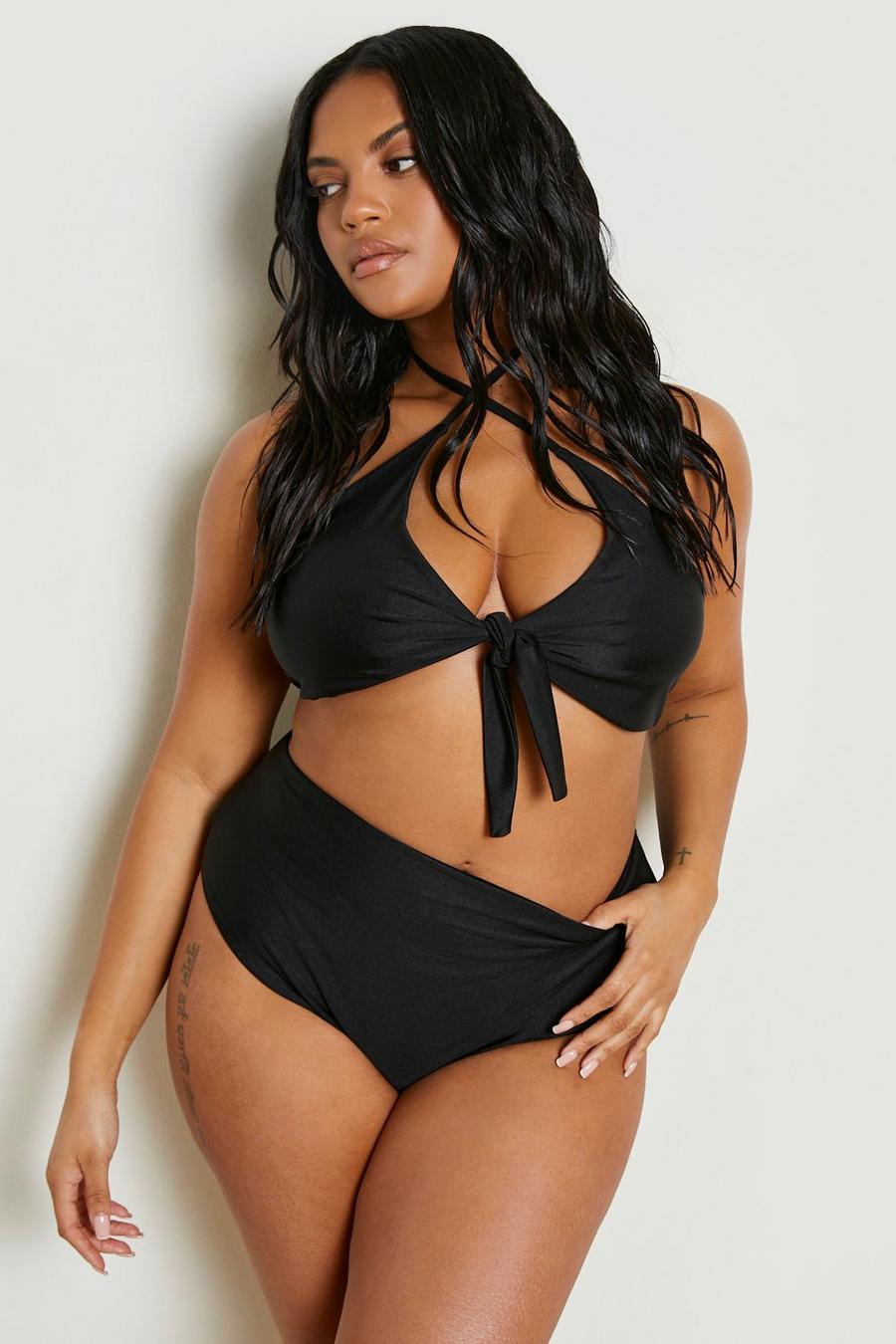 Grande taille - Bikini froncé à attaches avec bas taille haute, Noir image number 1