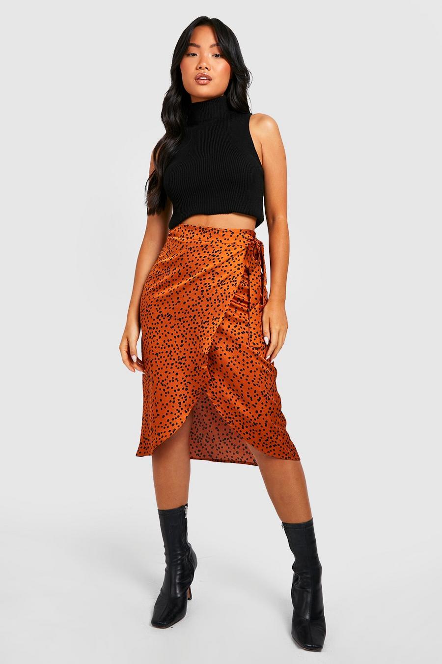 Camel Petite Printed Satin Wrap Skirt