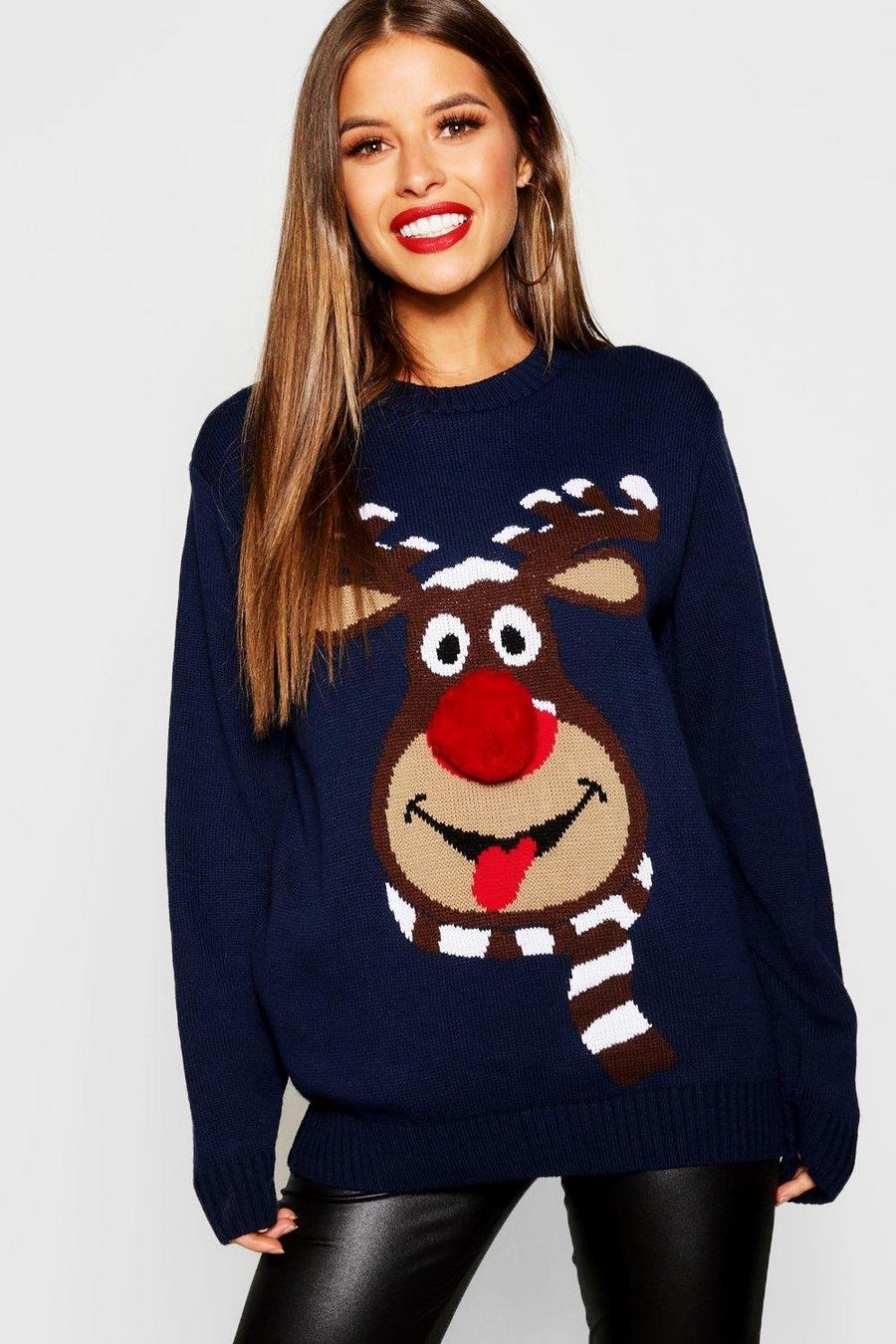 Navy Petite Reindeer Pom Pom Christmas Sweater