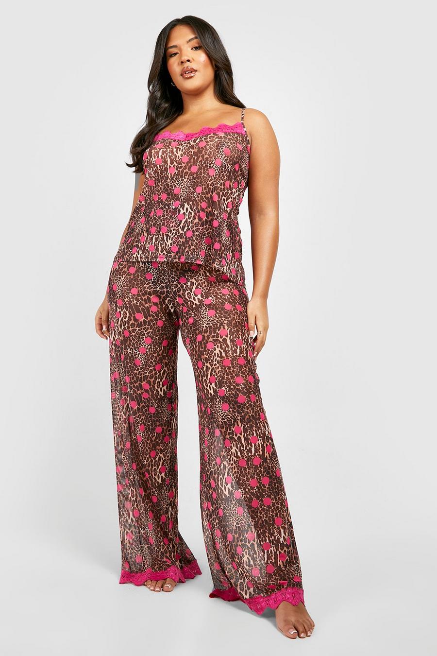 Set pigiama Plus Size a pois con stampa leopardata, top smanicato rifinito in pizzo & pantaloni, Marrone