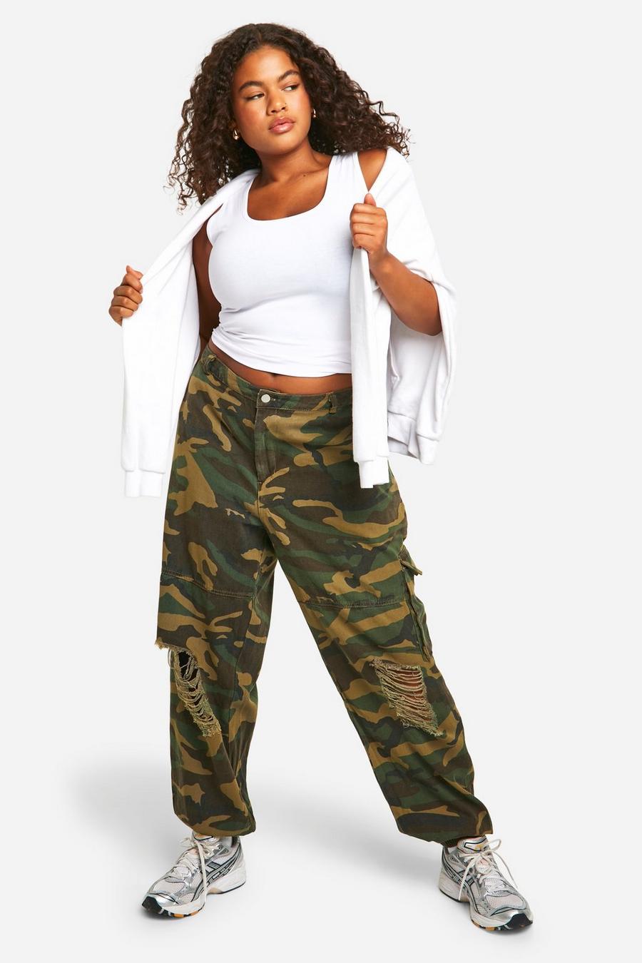 Jeans Plus Size Cargo in denim in fantasia militare con tasche e strappi, Kaki