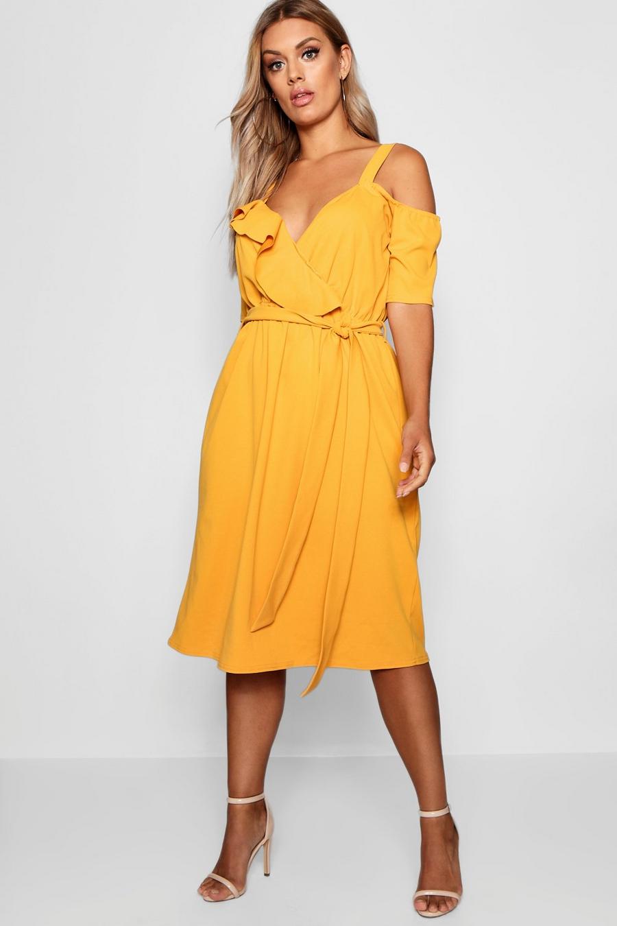 Mustard Plus Plunge Ruffle Belt Midi Dress image number 1