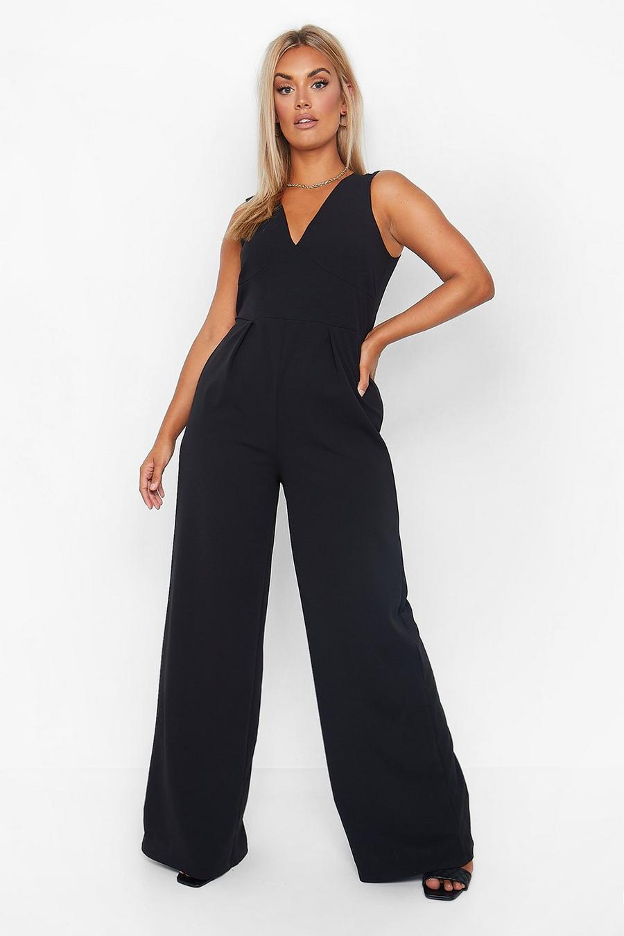 Plus weiter Jumpsuit mit tiefem Ausschnitt, Schwarz