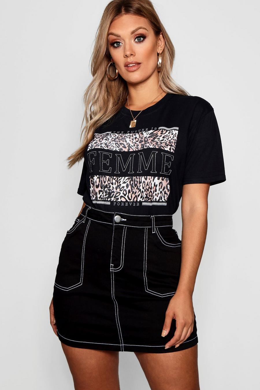 Plus Femme Slogan T-Shirt mit Leoparden-Print image number 1