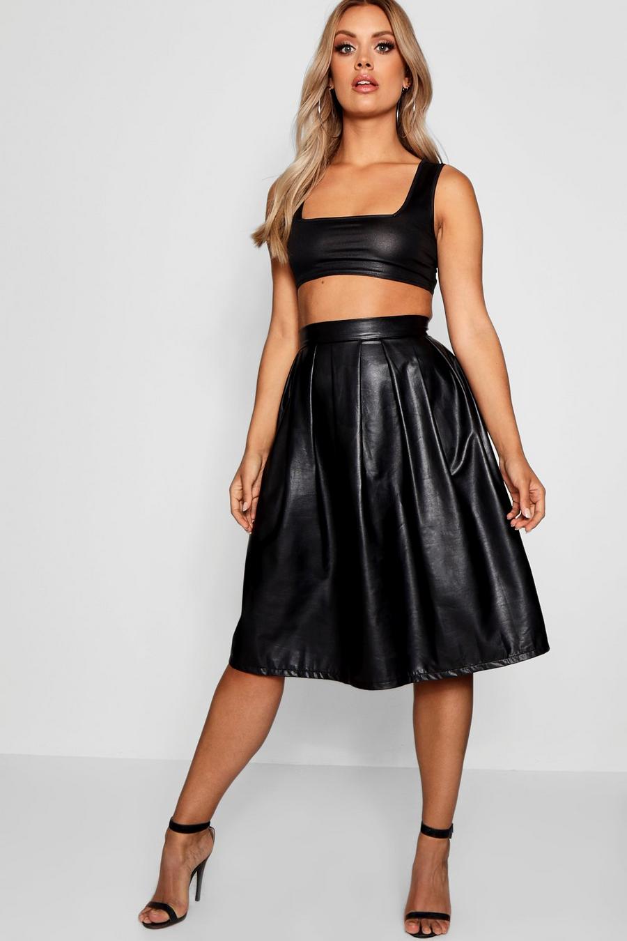 Black Plus Leather Look Box Pleat Midi Skirt image number 1