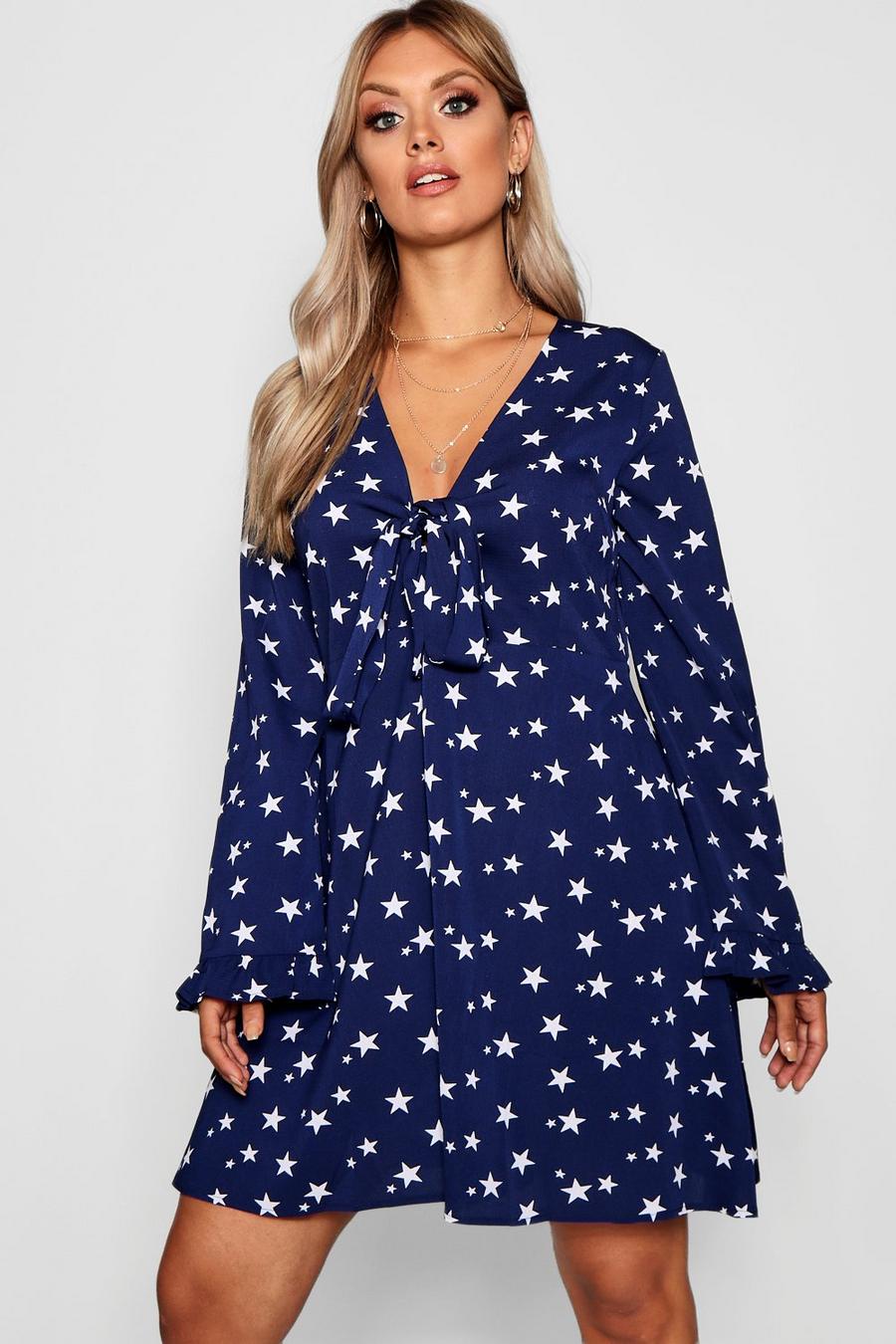 Plus Star Printed Tie Front Ruffle Skater Dress image number 1