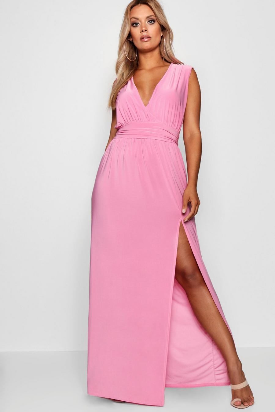 Pink Plus Plunge Slinky High Split Maxi Dress image number 1