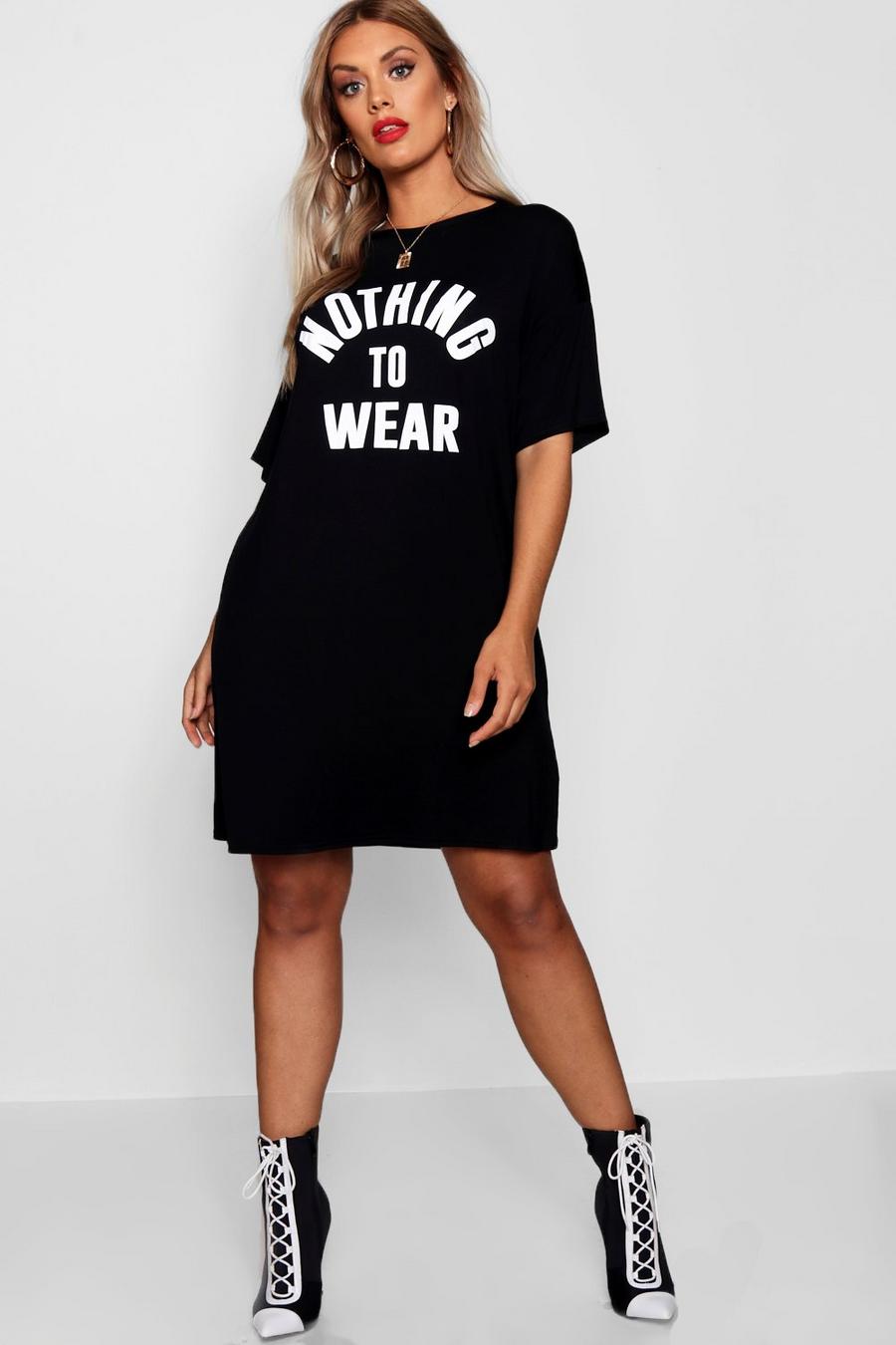 Plus – T-Shirt-Kleid mit „Nothing To Wear“-Slogan, Schwarz image number 1