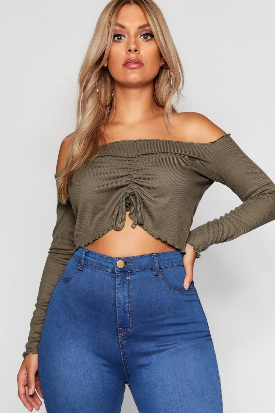 Plus Rib Ruffle Edge Ruched Crop Top image number 1