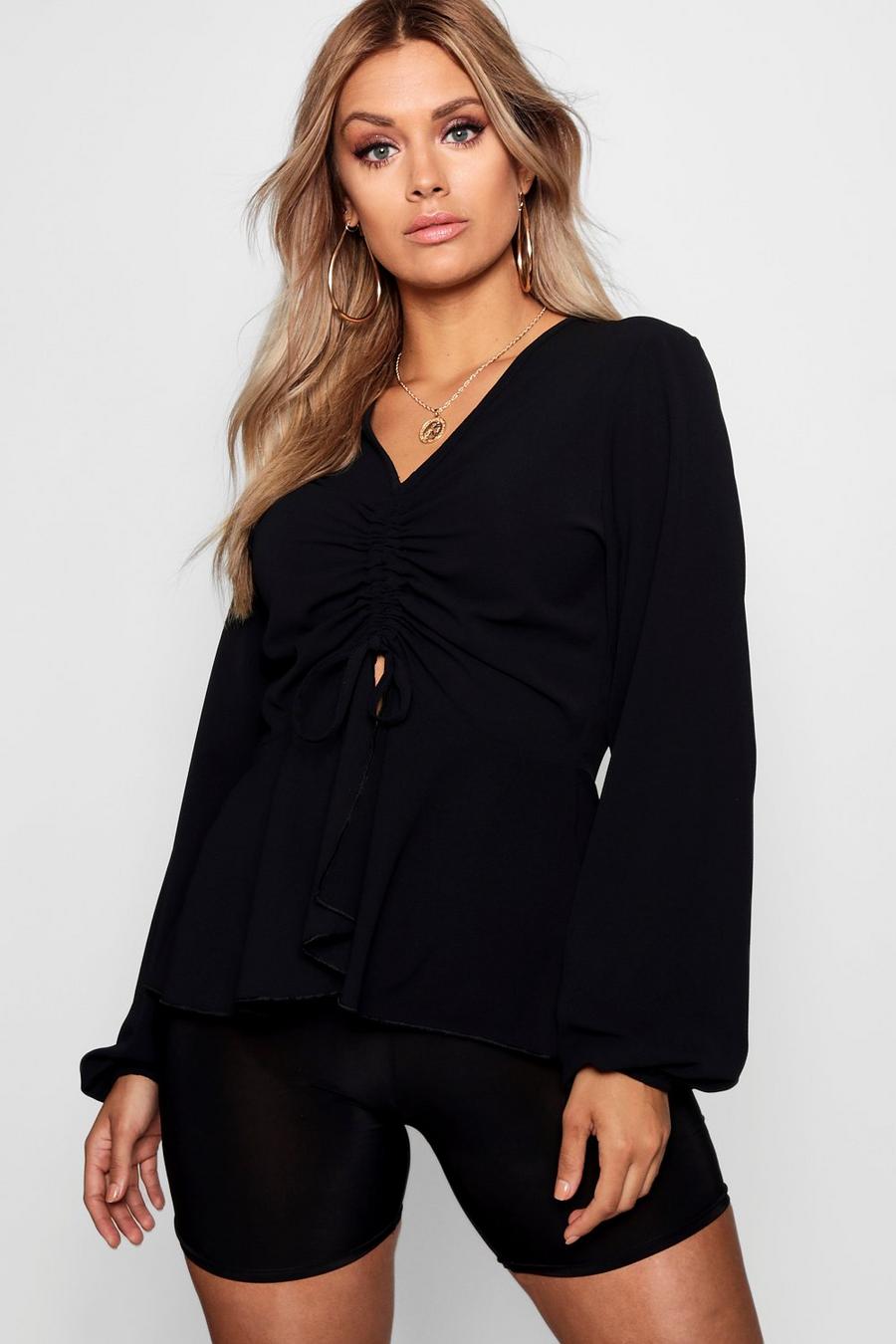 Black Plus  Woven Ruched Front Peplum Smock Top image number 1