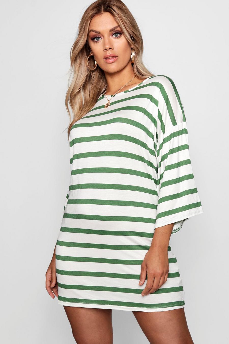 White Plus Scoop Neck Striped T Shirt Dress image number 1