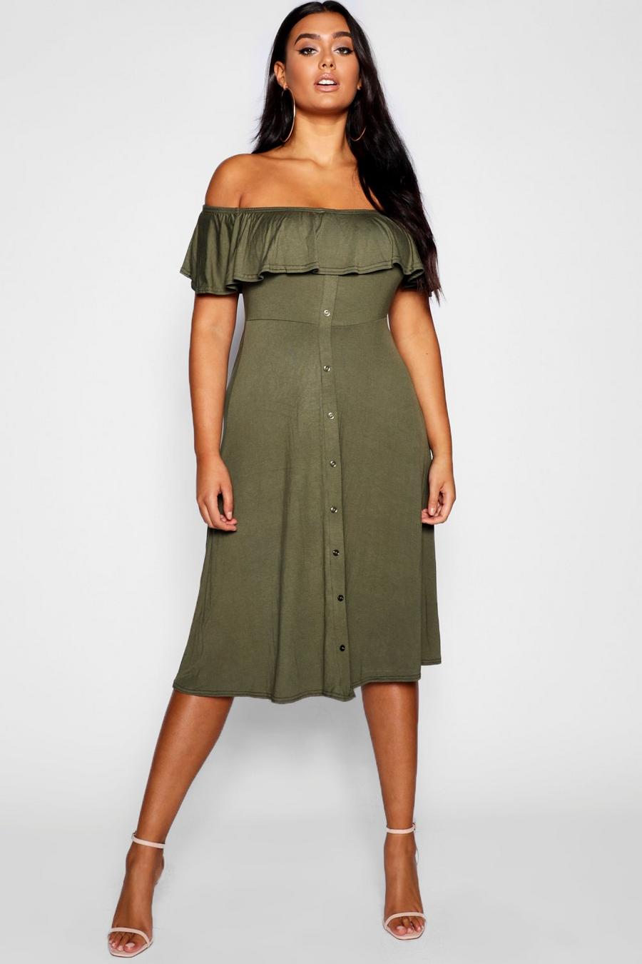 Plus Off Shoulder Button Skater Midi Dress image number 1