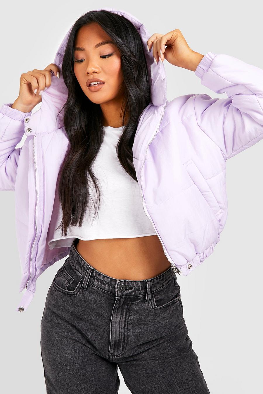 Lilac Petite Hooded Crop Padded Coat