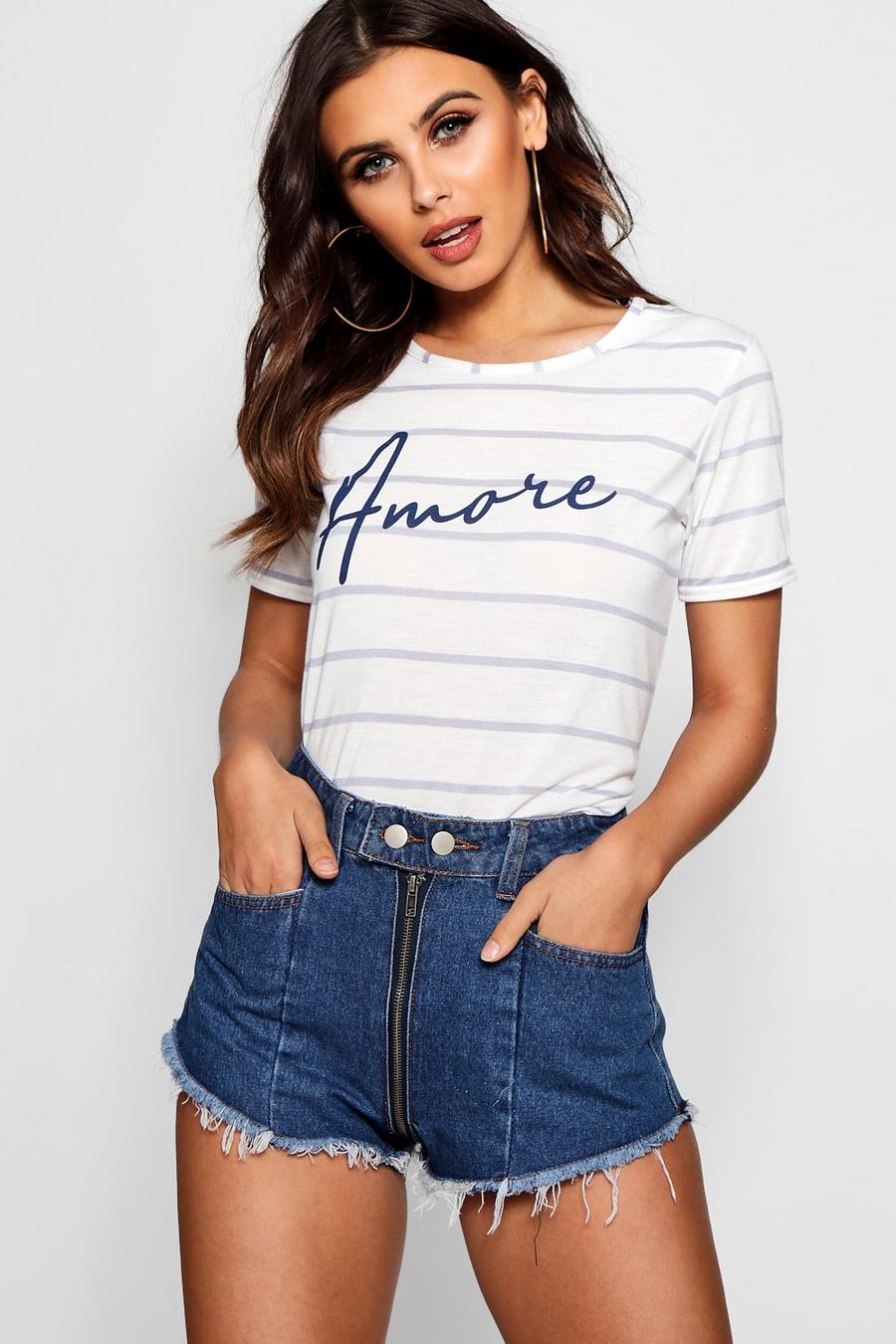 Petite Amore Stripe Slogan T-Shirt, White image number 1