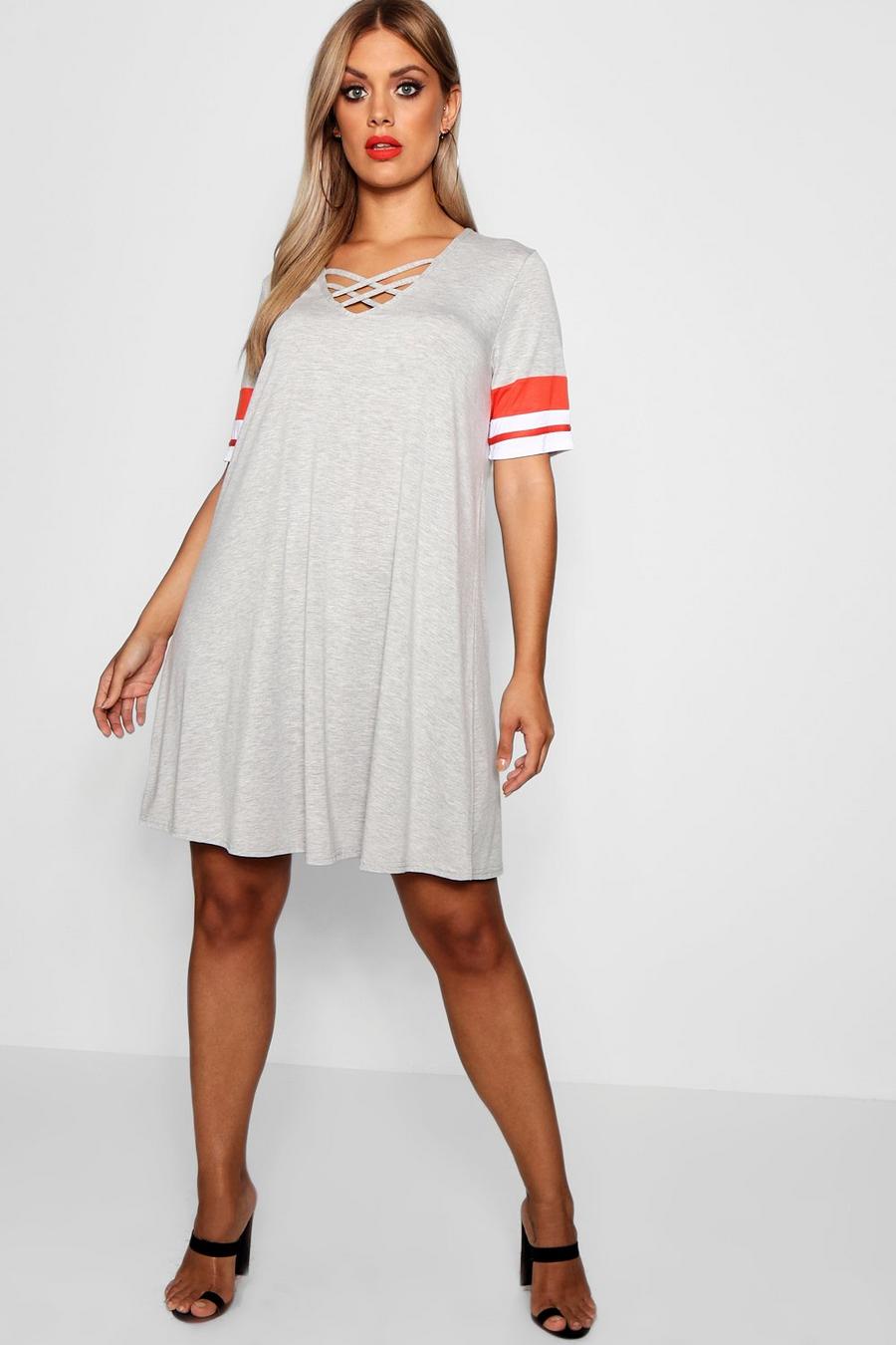 Plus Front Cross Strap Stripe T Shirt Dress, Grey image number 1