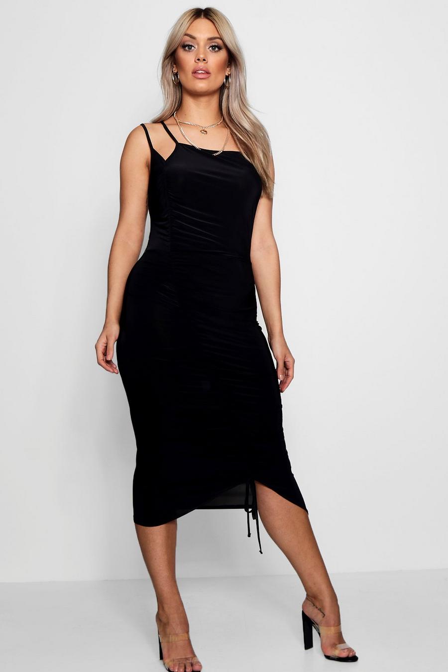 Black Plus Triple Strap Ruched Midi Dress image number 1