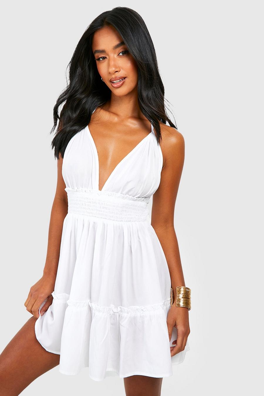 White Petite Ruched Waist Frill Halter Beach Dress