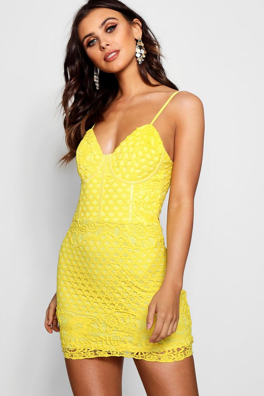Yellow Petite Bustier Crochet Lace Bodycon Dress image number 1