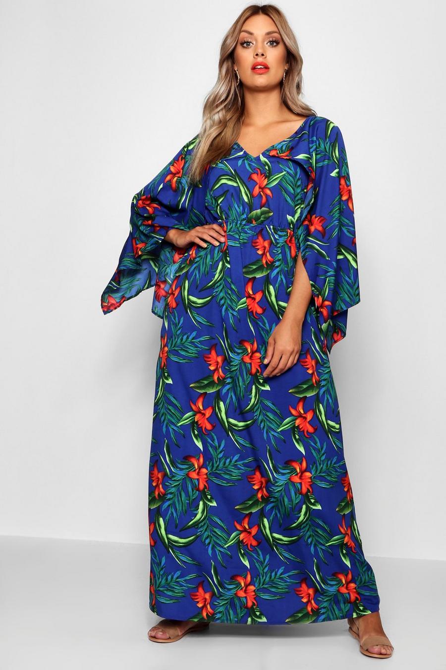 Blauw Plus Tropische Maxi Jurk Met Kimono Mouwen image number 1
