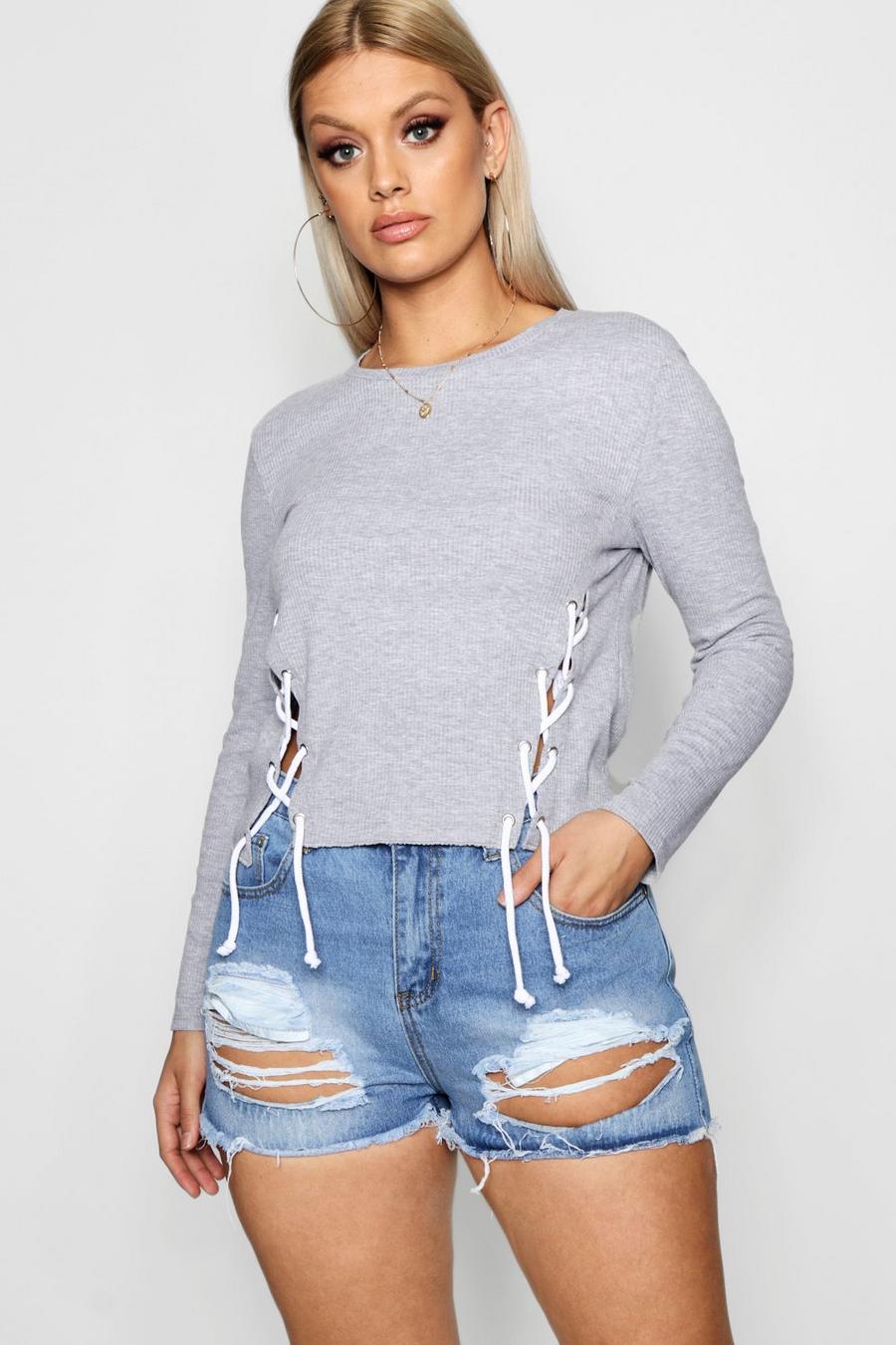 Grey Plus Lace Up Ribbed Long Sleeve Top image number 1