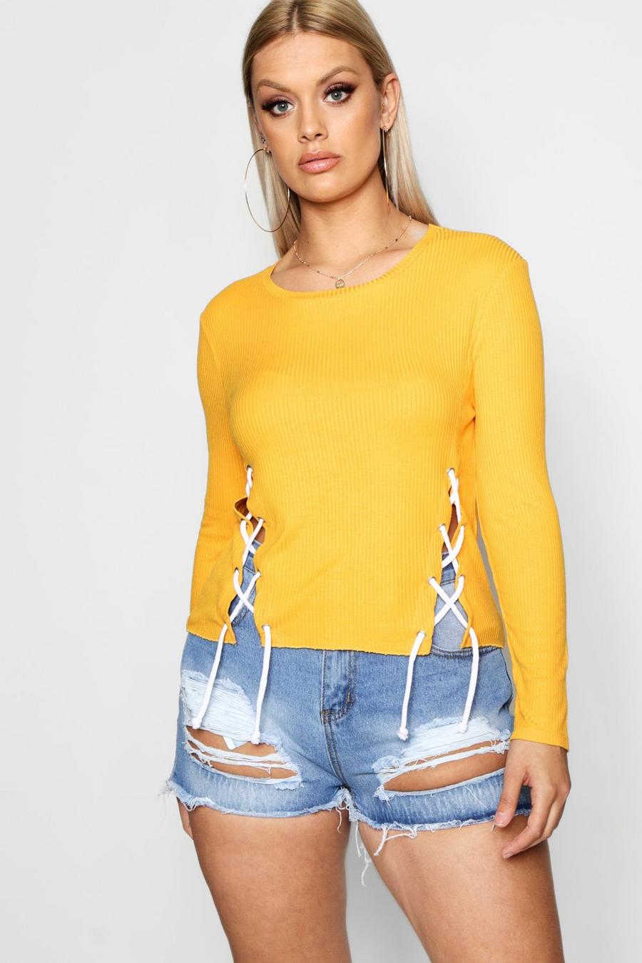 Tangerine Plus Lace Up Ribbed Long Sleeve Top image number 1