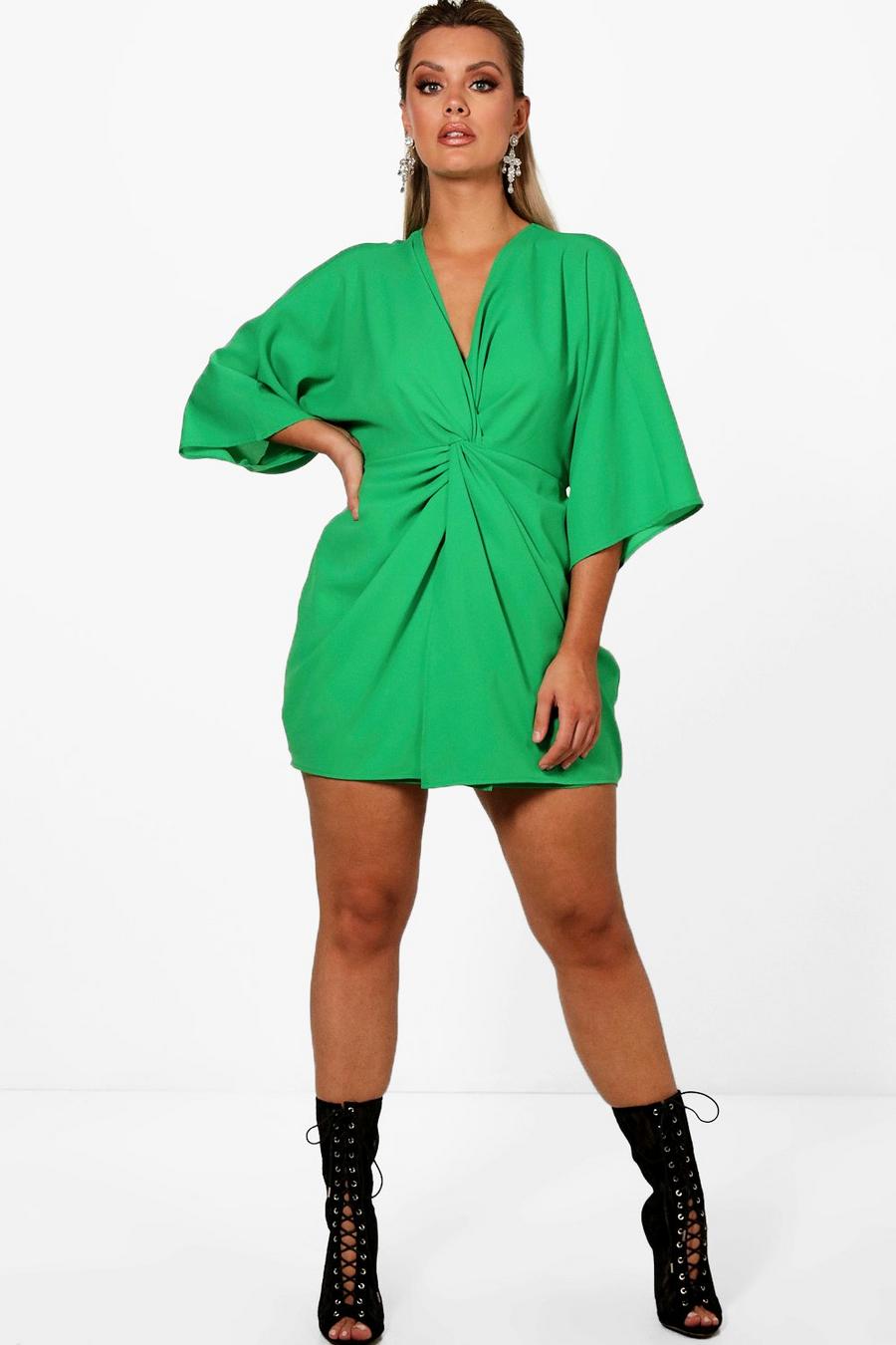 Plus Kleid mit Dreiviertel-Ärmeln und Zierknoten, Blattgrün image number 1