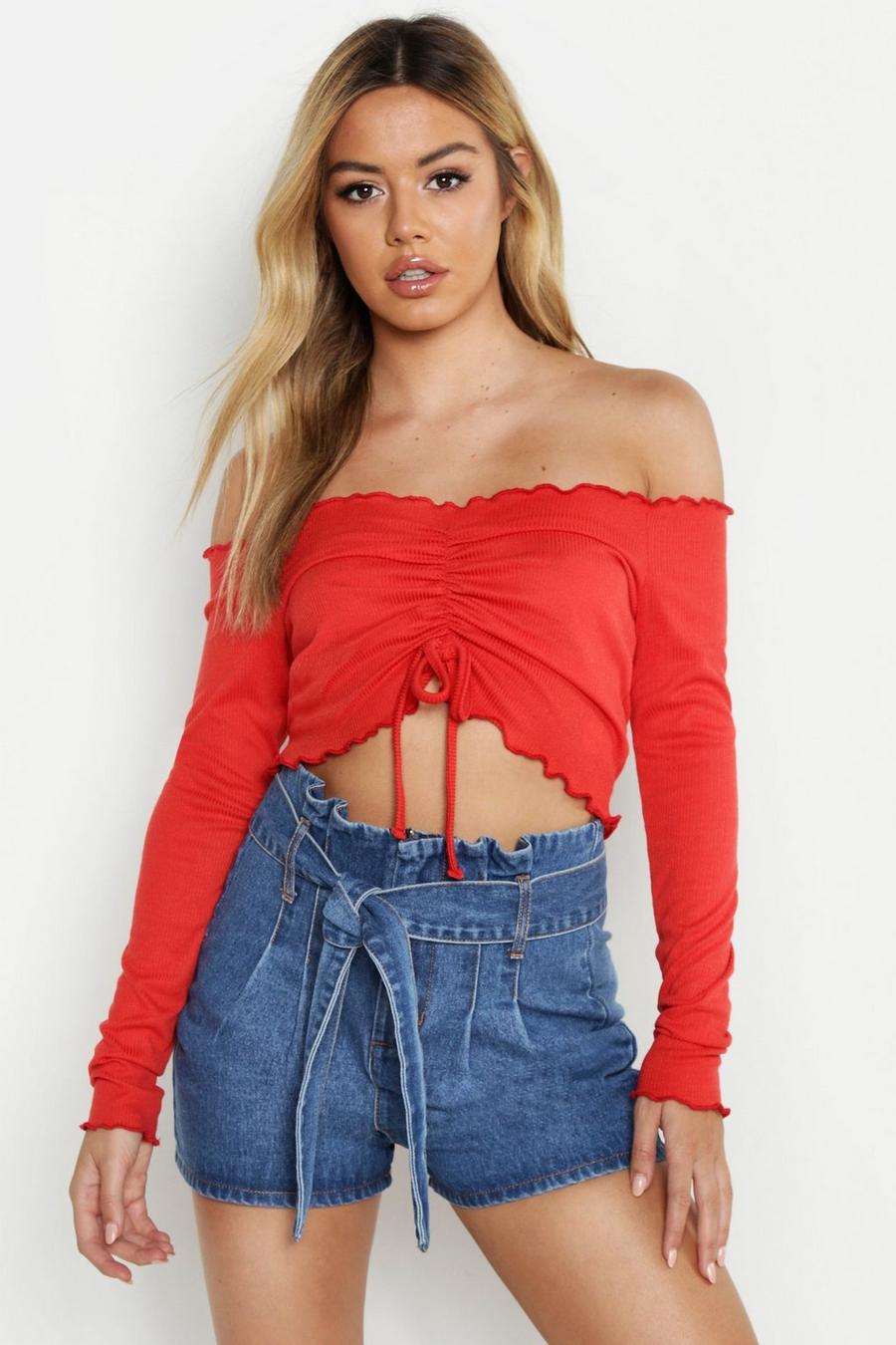 Petite  Ruched Front Bardot Rib Crop Top image number 1