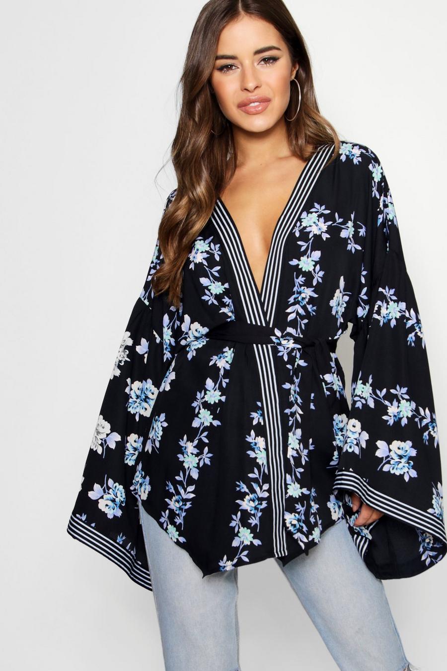 Black Petite Border Print Kimono Sleeve Wrap Top image number 1